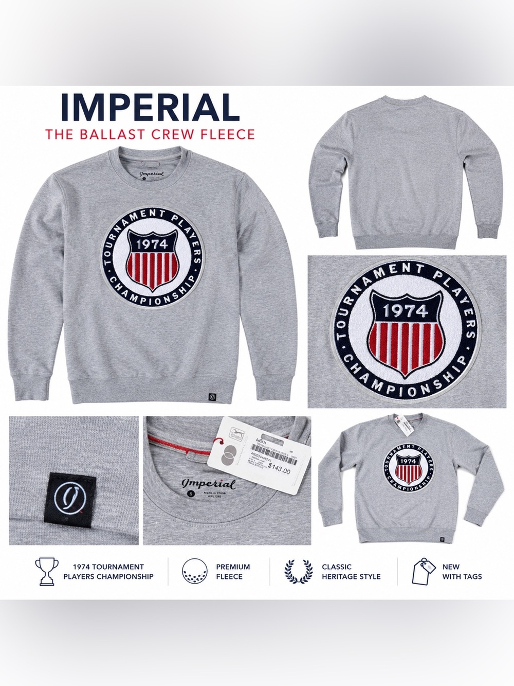 NWT Imperial The Ballast Crew Fleece 1974 Tournament Players Championship Size S